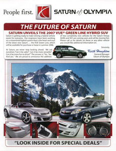 Coupon flyer for a Saturn dealership